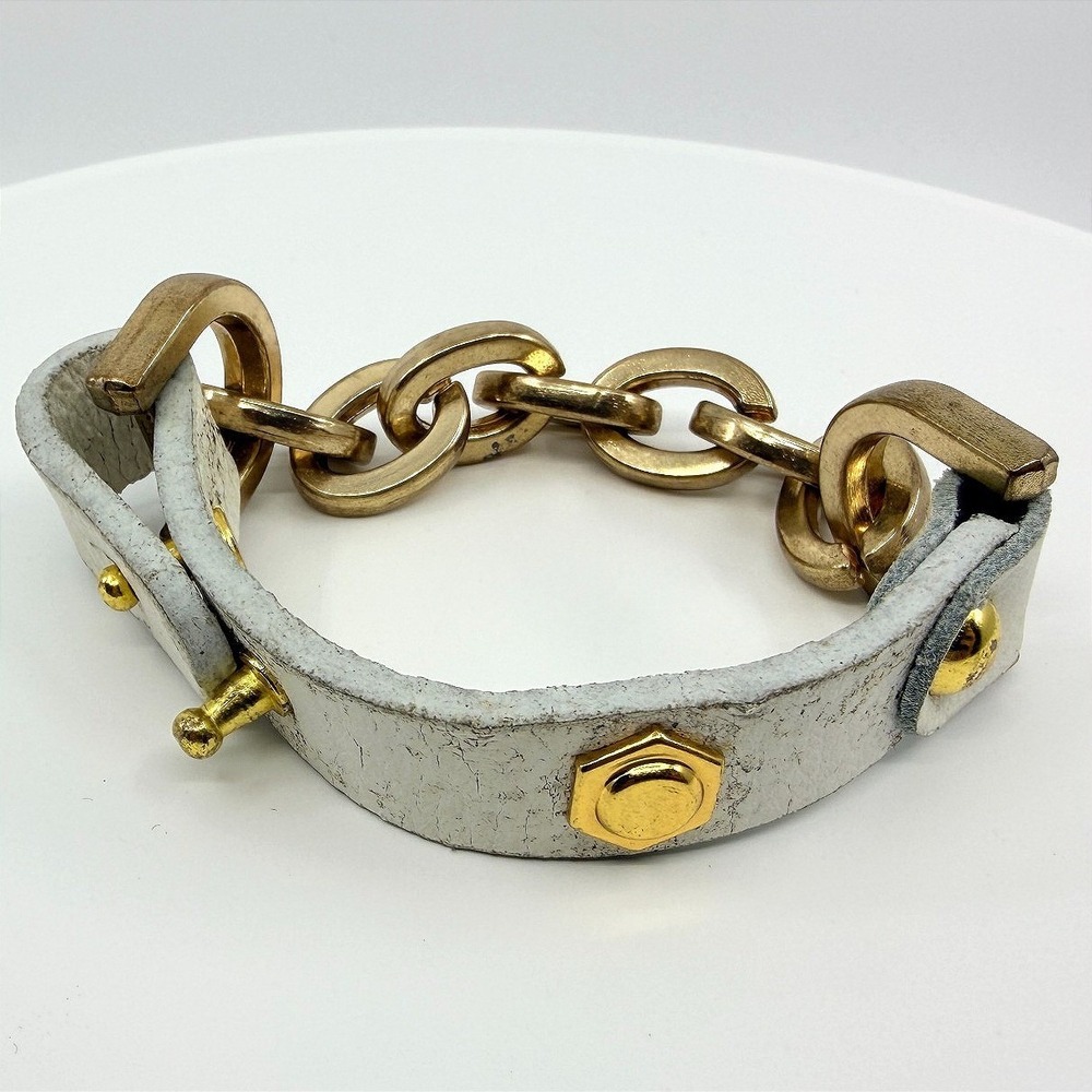 Vintage White Faux Leather Bracelet Gold Tone Link Chain Studded Hardware Boho